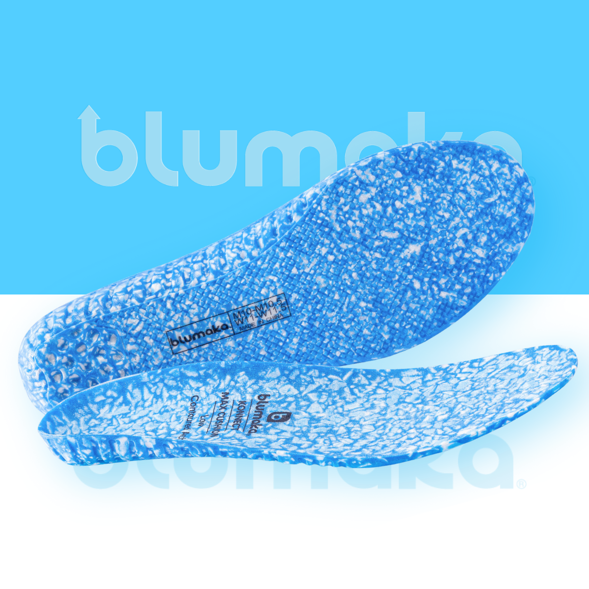 Two blue, speckled Blumaka NonSlip ‘FoamLock’ Performance Insoles are shown on a split light blue and white background, featuring black branding and product details. These insoles offer comfort and energy return with advanced FoamLock technology.
