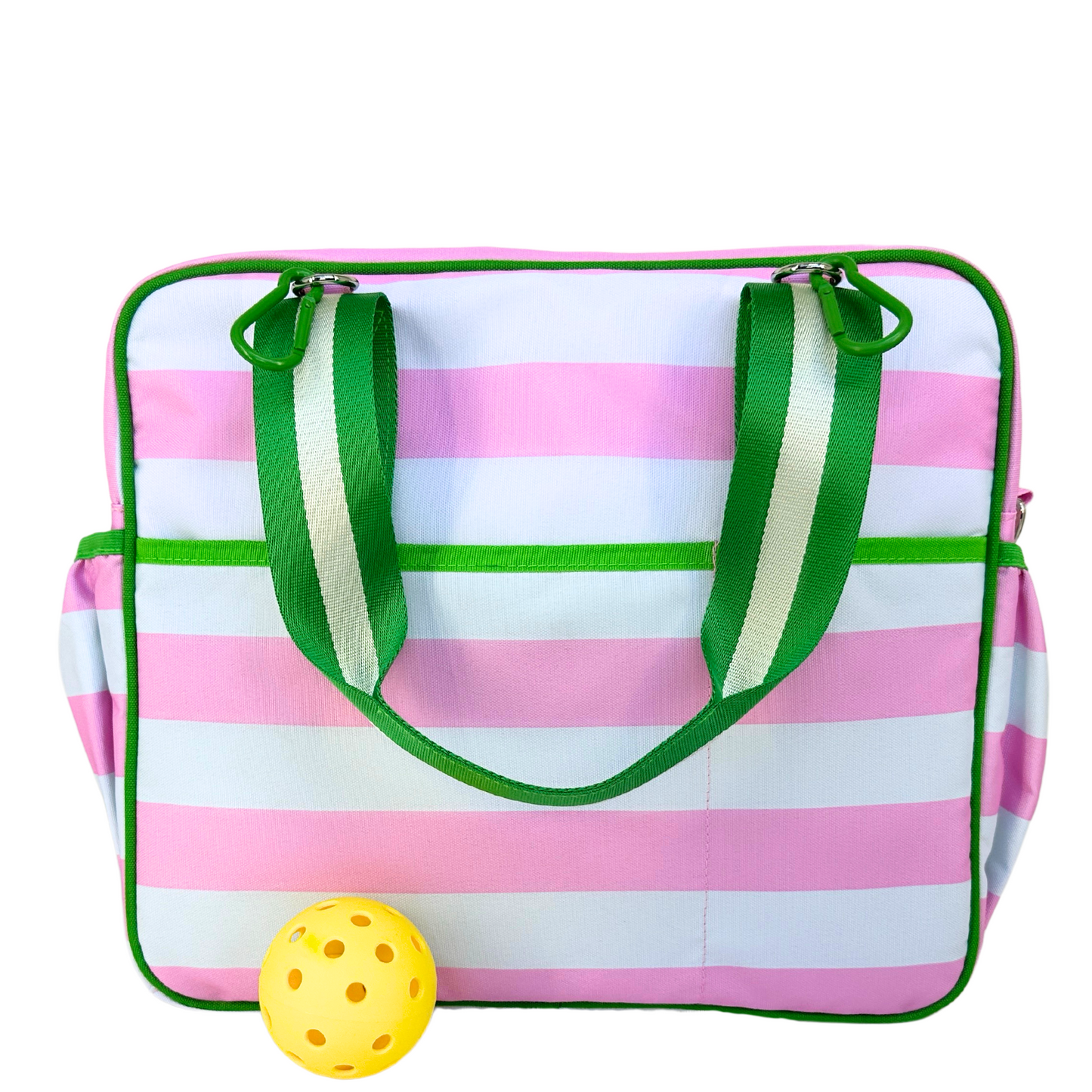 The Queen of the Court Prepster Pickleball Bag features pink and white stripes, green striped handles, green trim, side pockets, and comes with a yellow perforated pickleball—an ideal stylish accessory for your gear.