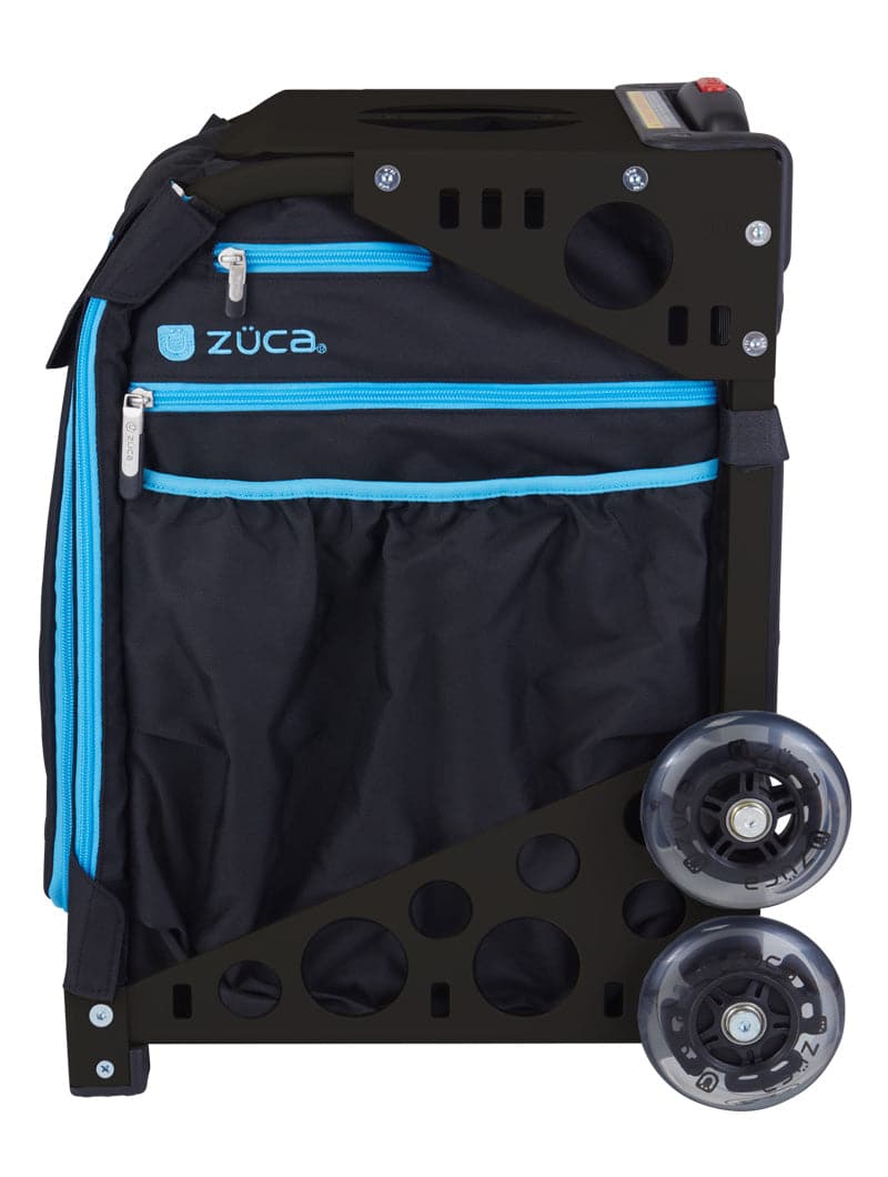 The ZUCA Pickleball Sport Black/Blue bag features a sturdy frame, two large clear wheels, blue-trimmed zippered pockets, a built-in seat, and the brand logo on the front—perfect for carrying your pickleball gear on the go.