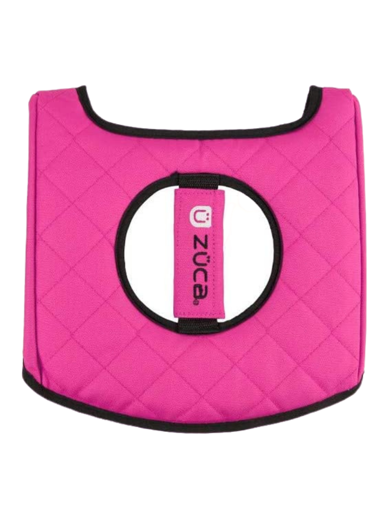 The ZUCA Reversible Seat Cushion is a bright pink, quilted, rectangular seat pad with black trim, curved bottom edge, central cutout with ZUCA logo—both stylish and practical for your ZUCA.