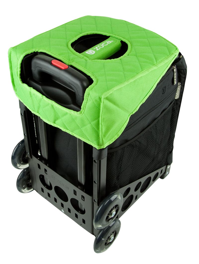 A black ZUCA rolling utility cart with four wheels is covered by a bright green quilted fabric cover with side mesh pockets. The handle cutout fits the ZUCA Reversible Seat Cushion or other ZUCA accessories, showing the cart’s handle.