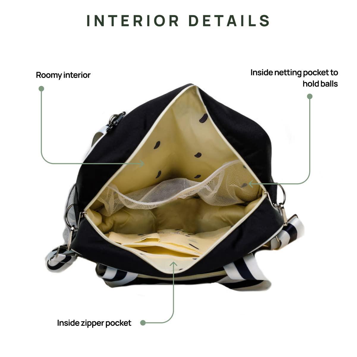 The Lola Pickleball Tote Bag by Fresh Pickle, shown in black and beige, features a spacious interior, mesh pocket for balls, inside zipper pocket, and black-and-white striped shoulder straps. Each feature is labeled with arrows.