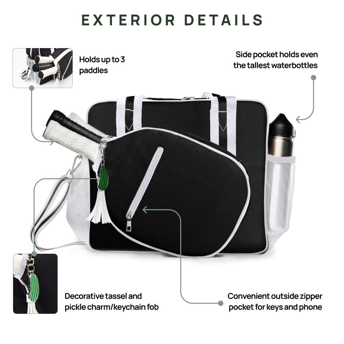 The Lola Pickleball Tote Bag by Fresh Pickle features black and white design, holds 3 paddles, has a tall side pocket for water bottles, zip pocket for keys/phone, a green pickle charm tassel, and white handles with trim for a stylish look.