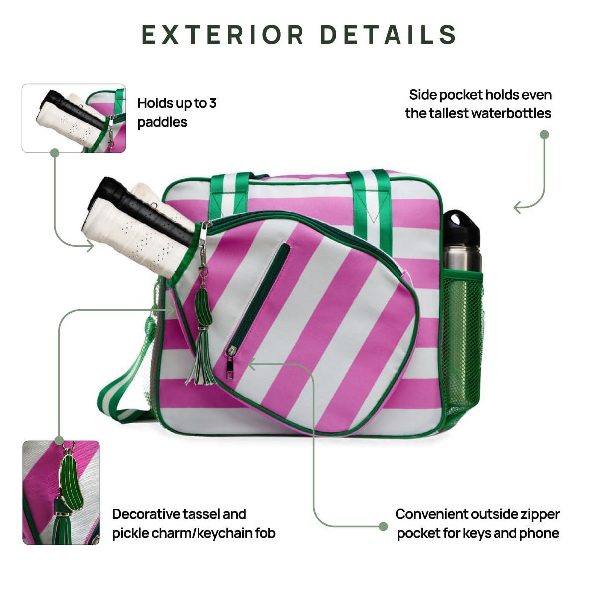 The Lola Pickleball Tote Bag by Fresh Pickle is a striped pink and white bag with green straps, a front zip pocket for keys or phone, side mesh pocket for a tall water bottle, space for 3 paddles, and a green tassel keychain.