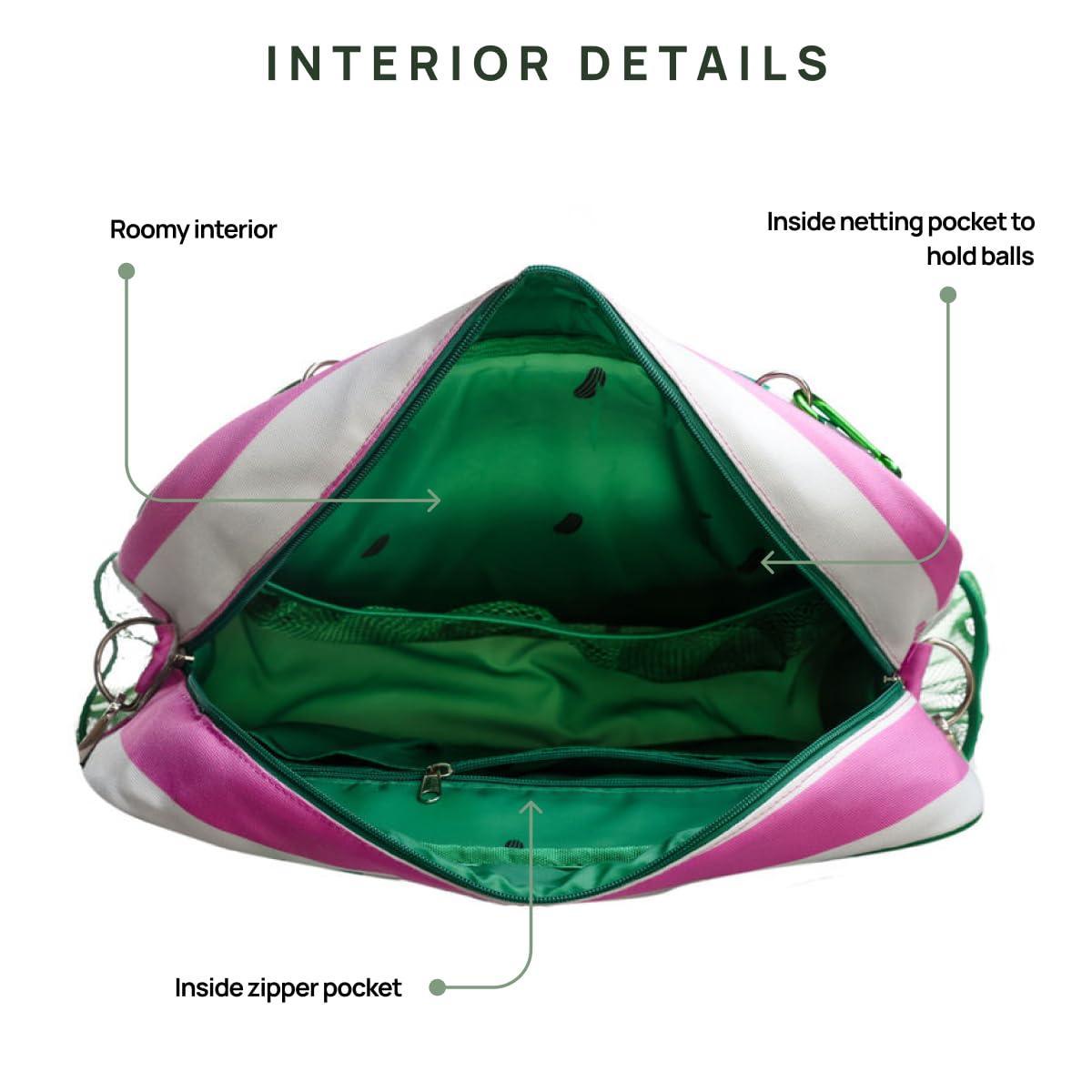 The Fresh Pickle Lola Pickleball Tote Bag in pink and white is open to reveal a roomy green interior with an inside netting pocket for balls, a zipper pocket, and a spacious main compartment. "INTERIOR DETAILS" is shown at the top.