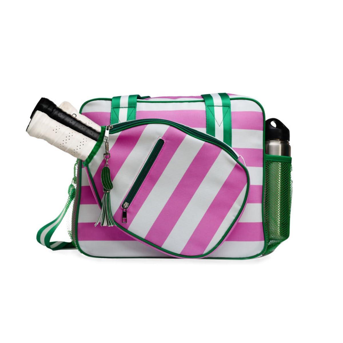 The Lola Pickleball Tote Bag by Fresh Pickle features pink and white diagonal stripes, green trim and handles, a racquet pocket for two rackets, green mesh pocket with water bottle, zippered pocket, keychain tassel—perfect for tennis or pickleball.