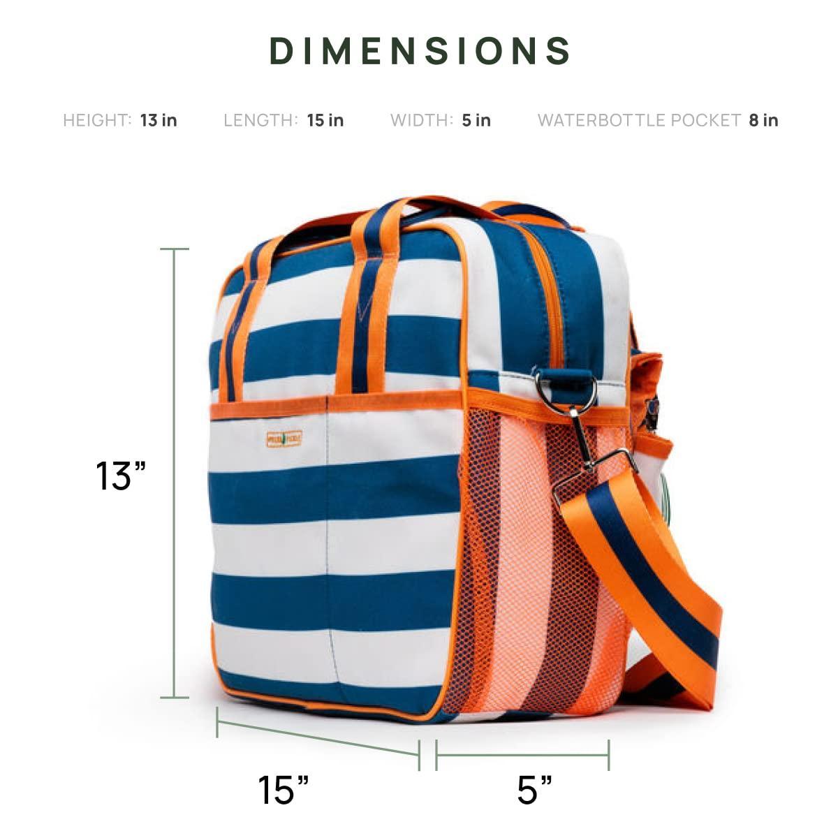 The Lola Pickleball Tote Bag by Fresh Pickle features blue, white, and orange stripes, an 8" orange mesh water bottle pocket, and a striped shoulder strap. Sized 13" H x 15" L x 5" W—perfect for carrying your courtside essentials!.