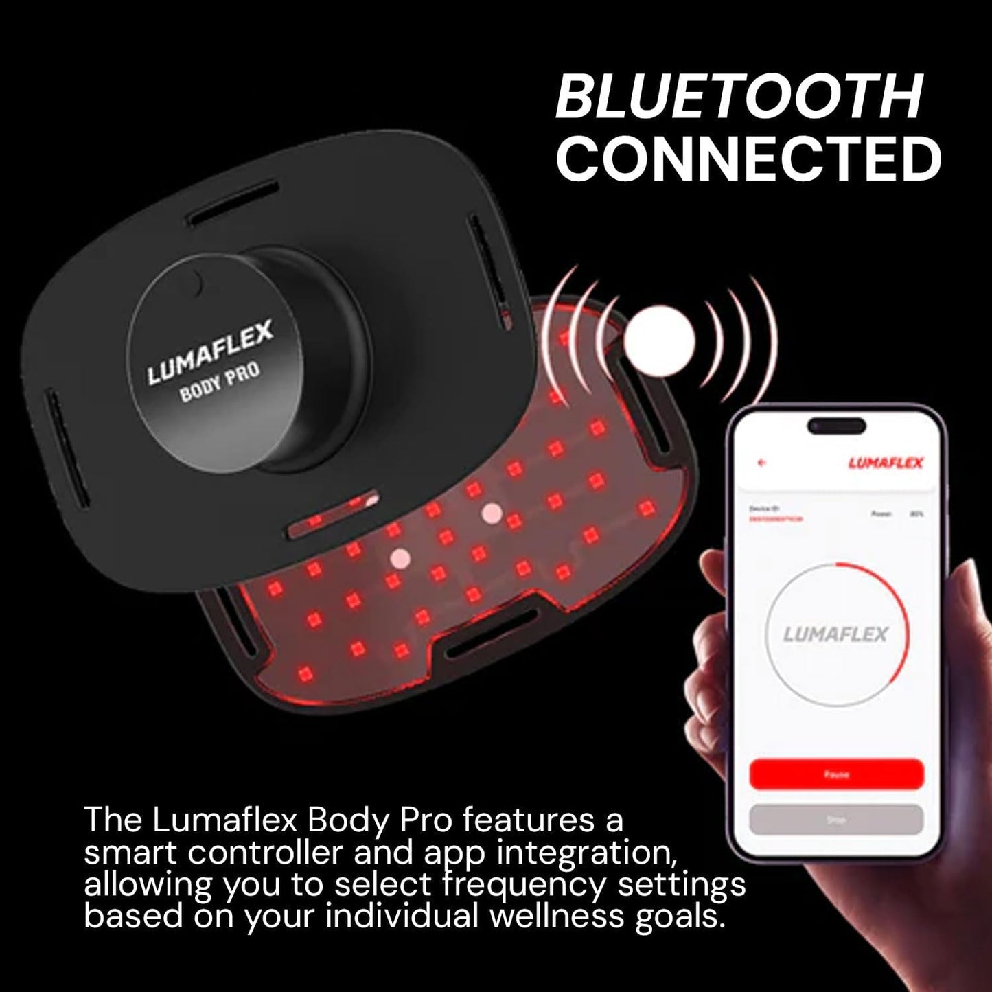 A black iReliev Body Pro Red Light and Infrared Therapy Wrap emits red light, wirelessly connecting to a smartphone via Bluetooth. Text highlights Bluetooth connectivity, smart control with the Lumaflex app, and enhanced sports performance benefits.