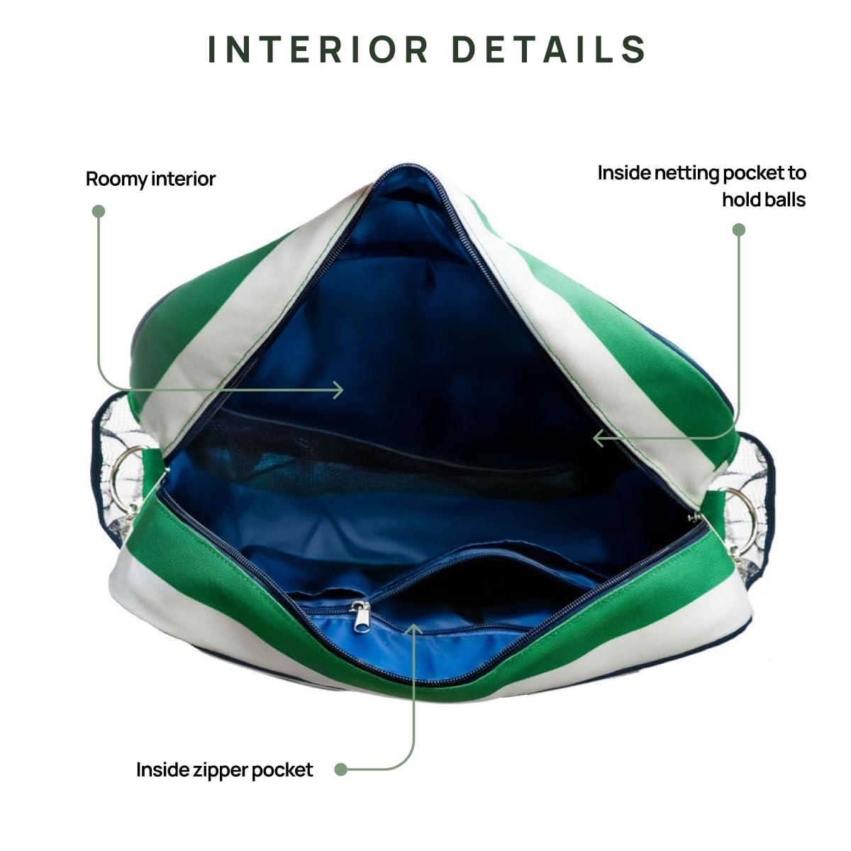 The Fresh Pickle Lola Pickleball Tote Bag is shown open, featuring a spacious blue interior with a netting pocket for balls and a zippered pocket, both highlighted by arrows. The bag is green and white.