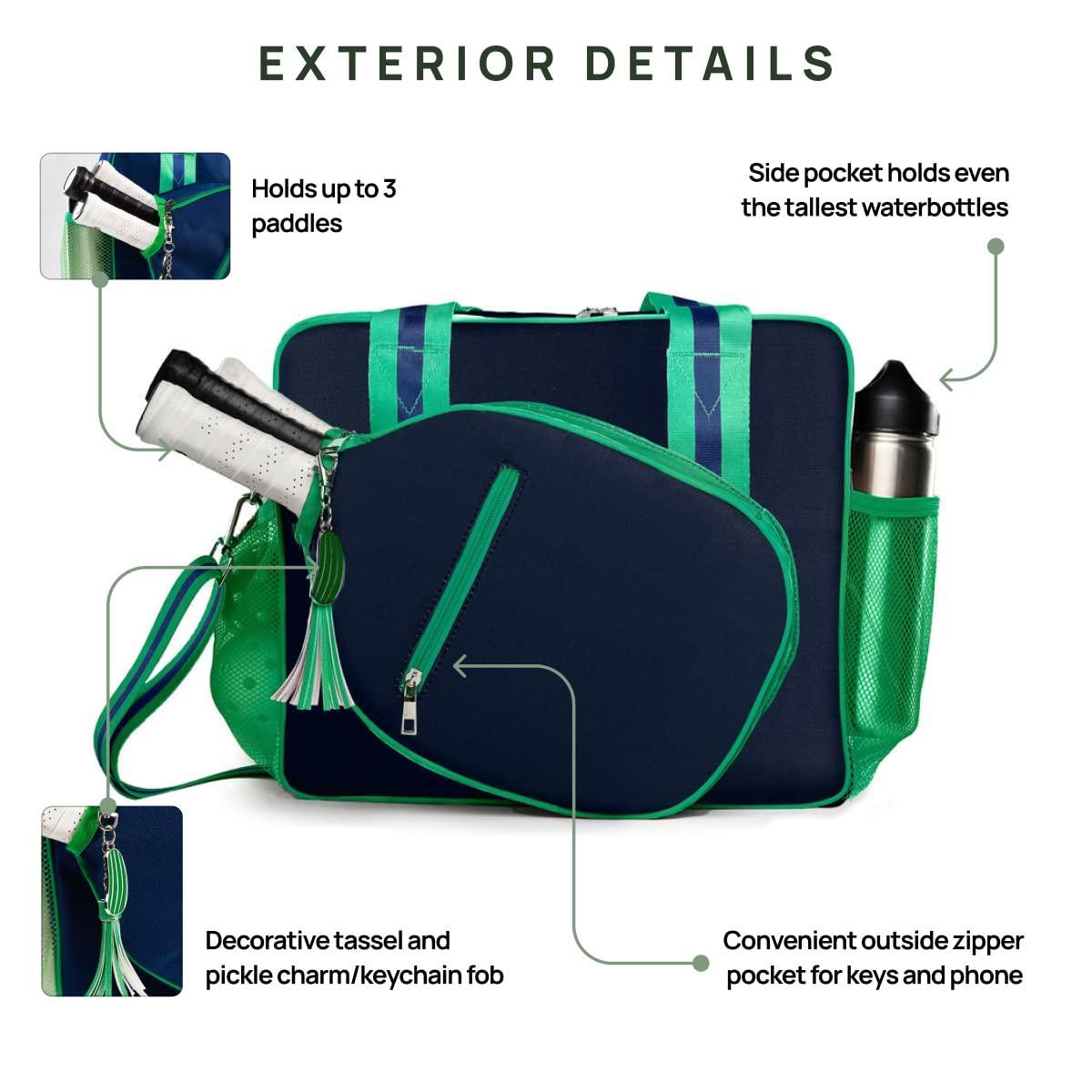 The Fresh Pickle Lola Pickleball Tote Bag features blue and green colors with a green strap, making it perfect for carrying your gear to the court.
