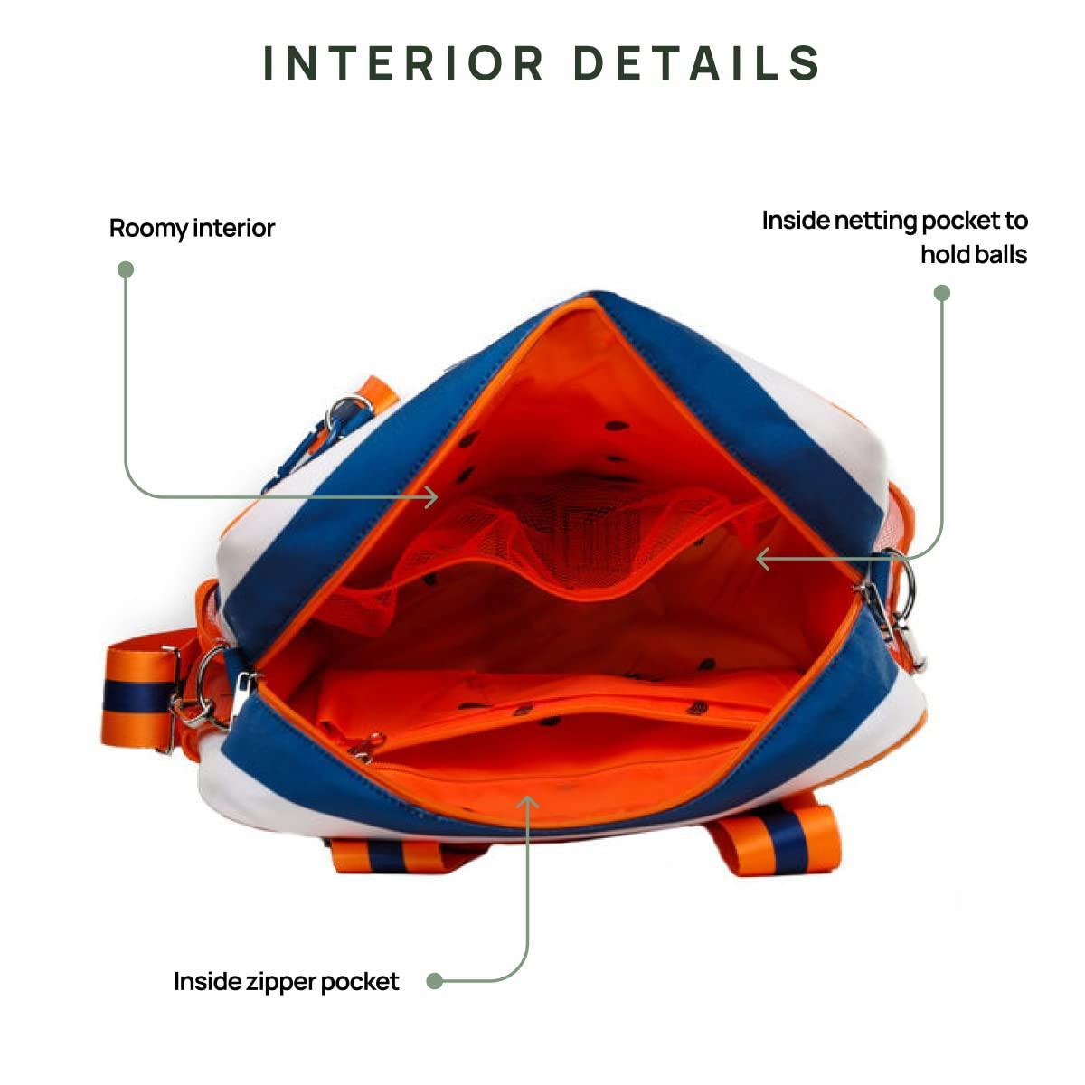 The Fresh Pickle Lola Pickleball Tote Bag in blue, orange, and white features a spacious orange interior with an inside zipper pocket and a netting pocket for balls. Text labels highlight Roomy Interior, Netting Pocket for Balls, and Zipper Pocket.
