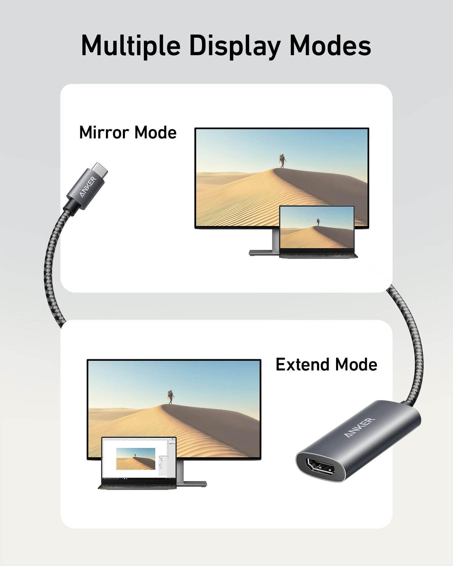 A graphic shows two modes with the Anker 518 USB-C Adapter (8K HDMI): Mirror Mode displays a desert image on both laptop and TV, while Extend Mode presents the desert on the TV and a different window on the laptop.