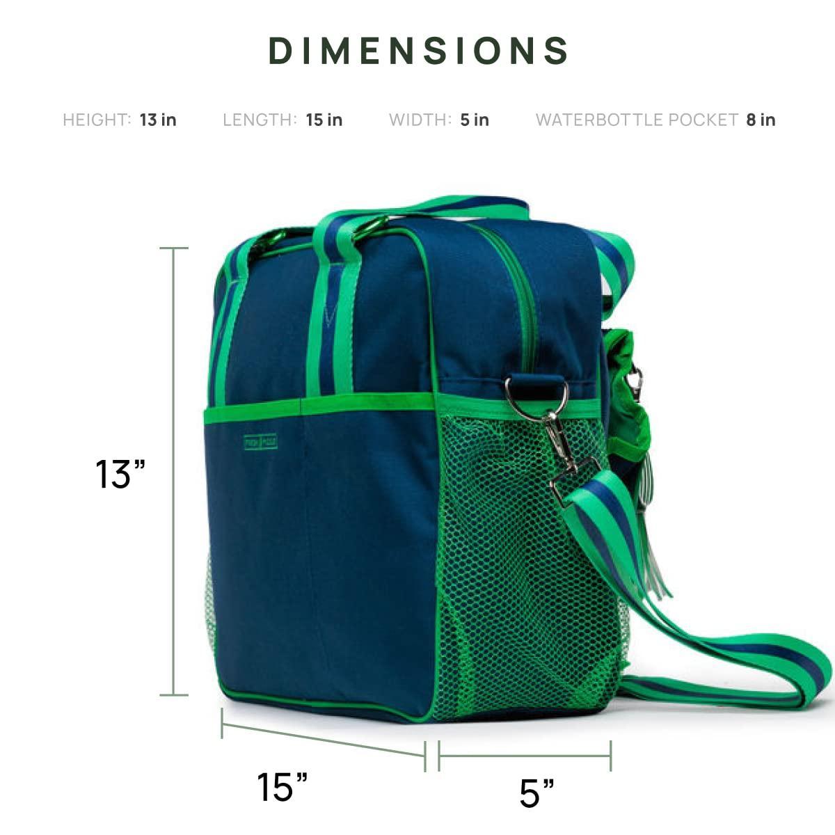 The Fresh Pickle Lola Pickleball Tote Bag features a blue and green rectangular design with green handles, trim, mesh side pocket for an 8" water bottle, and striped shoulder strap. Dimensions: 13"H x 15"L x 5"W.