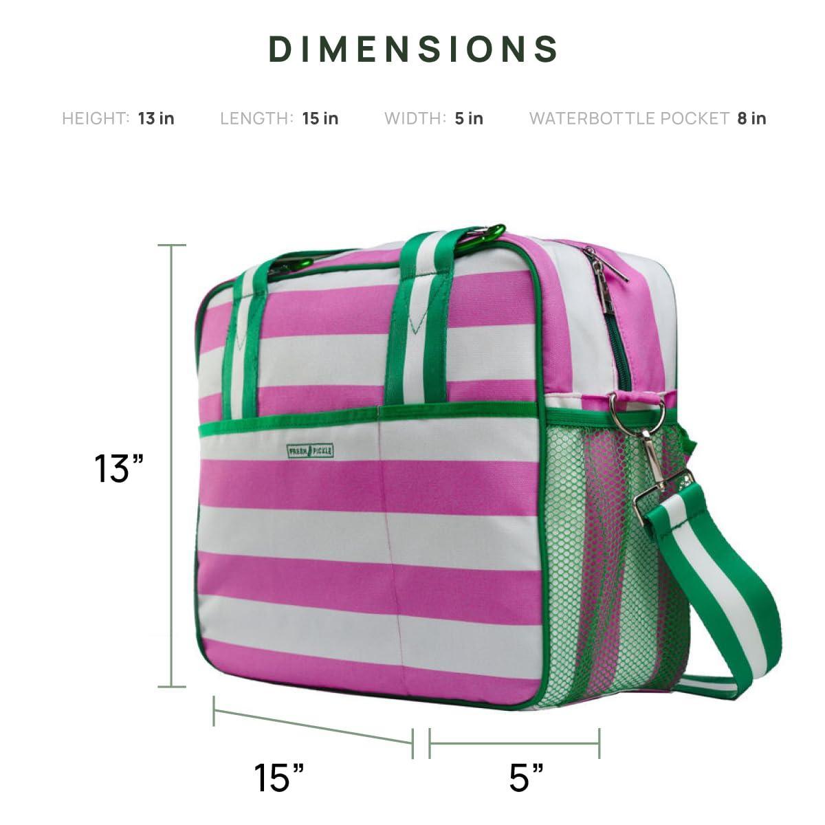 The Lola Pickleball Tote Bag by Fresh Pickle is shown in pink and white stripes with green handles and accents. It measures 13" x 15" x 5", has a shoulder strap, and features a mesh side pocket labeled "WATERBOTTLE POCKET 8 in.