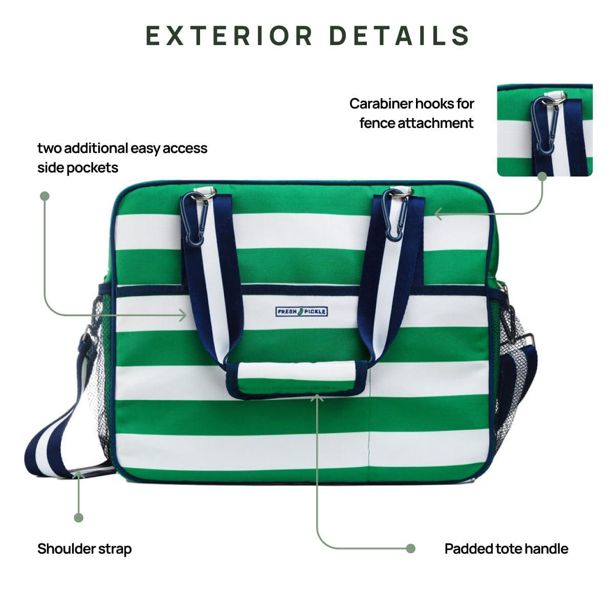 The Lola Pickleball Tote Bag by Fresh Pickle is shown in green and white stripes with navy and white straps. Features include a shoulder strap, padded tote handle, two mesh side pockets, carabiner hooks, and a front label.