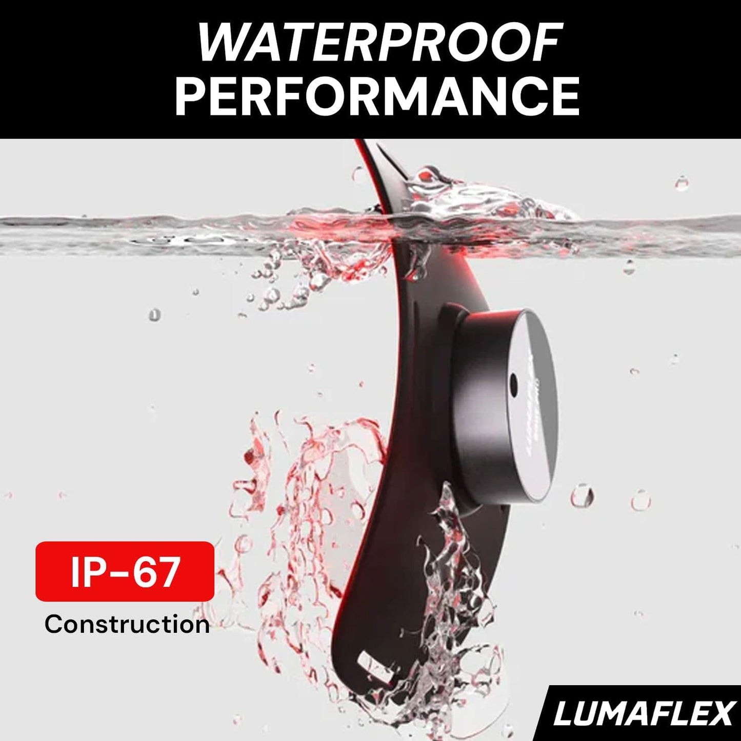 A sleek black iReliev Body Pro Red Light and Infrared Therapy Wrap is shown half-submerged in water with text “WATERPROOF PERFORMANCE.” A red label reads “IP-67 Construction,” and the LUMAFLEX logo appears in the bottom right corner.