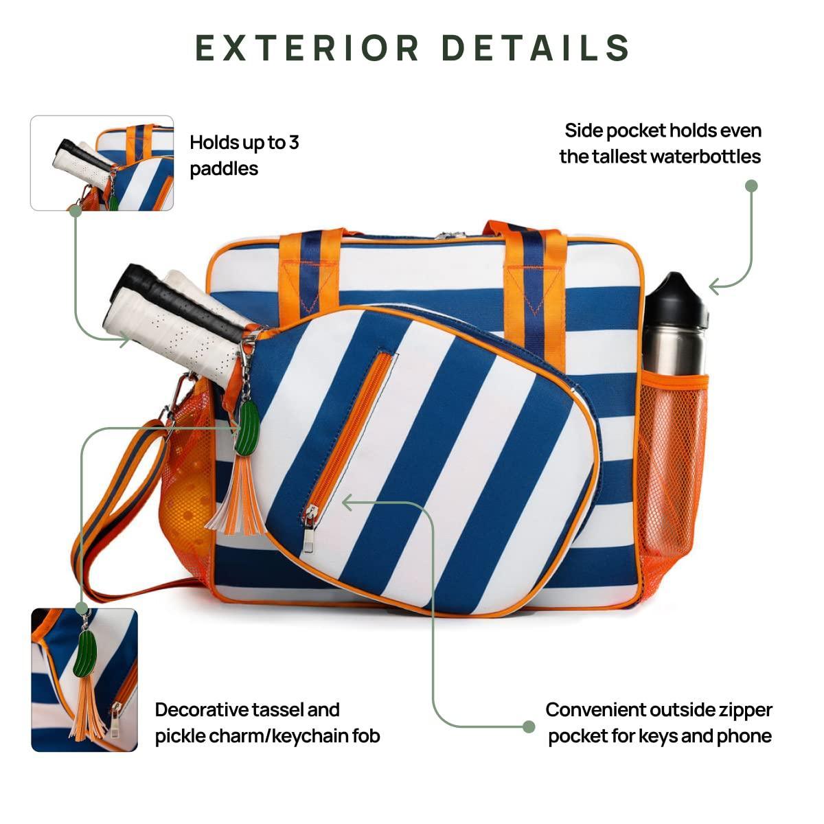 The Fresh Pickle Lola Pickleball Tote Bag in blue, white, and orange stripes with orange handles is shown. Features include space for 3 paddles, water bottle pocket, front key/phone pocket, and a tassel charm fob.
