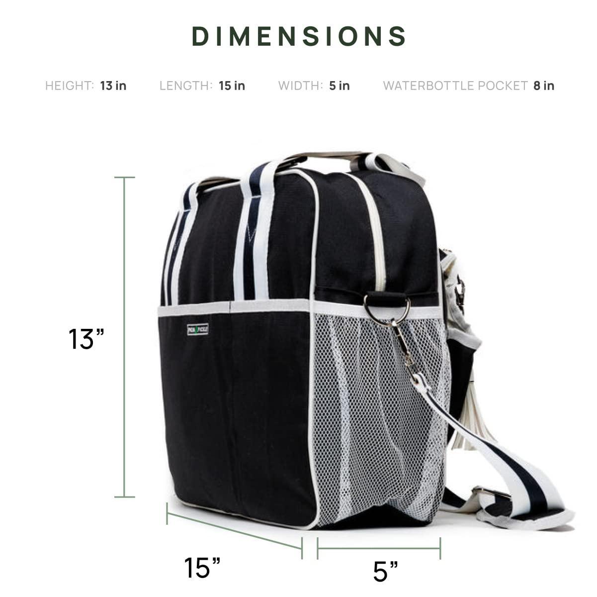 The Fresh Pickle Lola Pickleball Tote Bag features black and white design, mesh side pockets, a striped strap, stands upright (13" tall x 15" long x 5" wide), and has an 8"-tall water bottle pocket. Ideal for versatile pickleball use.