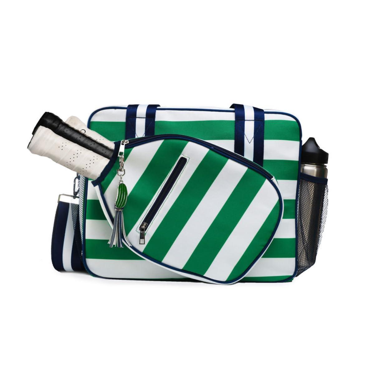 The Lola Pickleball Tote Bag by Fresh Pickle features bold green and white stripes, a matching racket-shaped pouch, and a side mesh pocket—perfectly designed for carrying your gear in style to any game day.