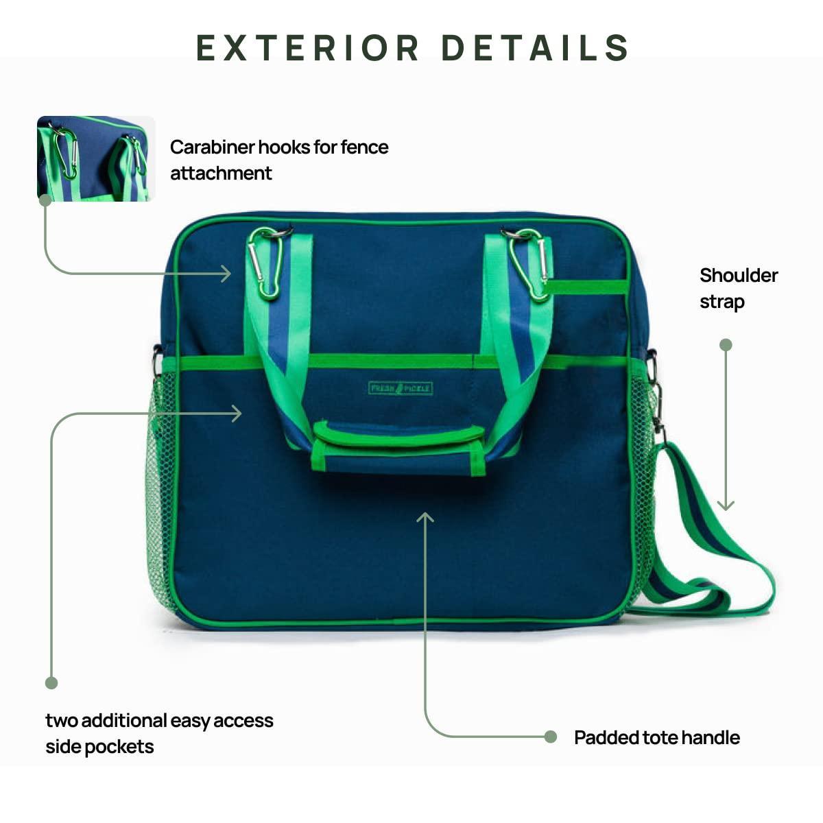 The Fresh Pickle Lola Pickleball Tote Bag in blue and green features labeled padded handles, an adjustable shoulder strap, carabiner hooks for fence attachment, and two mesh side pockets, shown upright with all straps and pockets visible.