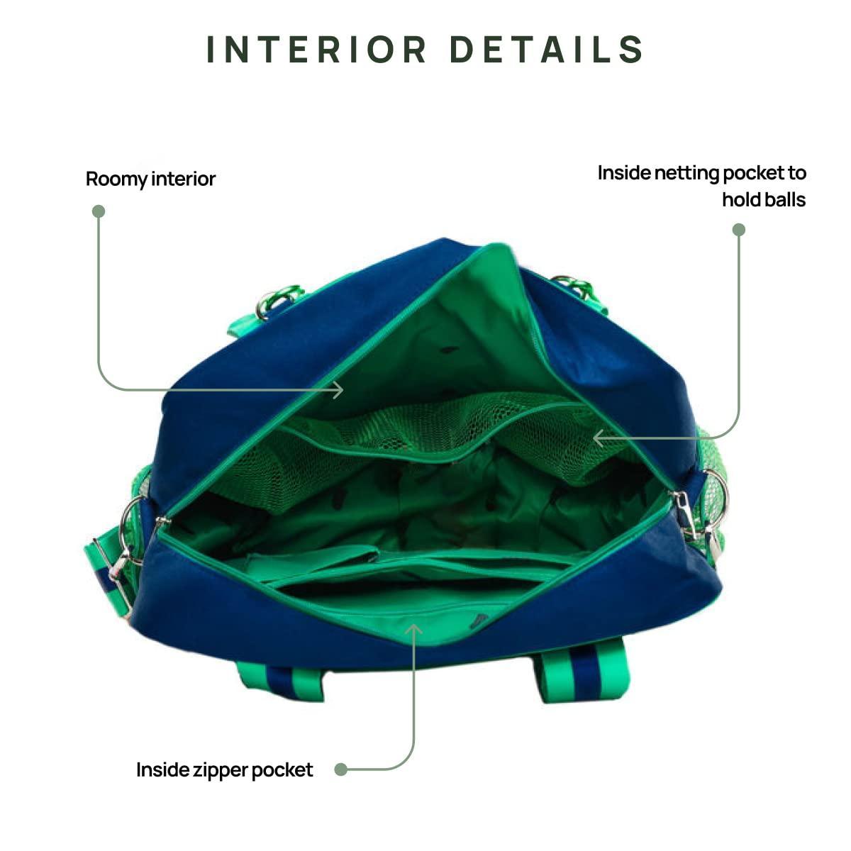 The Fresh Pickle Lola Pickleball Tote Bag, shown open from above, has a bright green lining, a spacious interior, an inside netting pocket for balls along one side, and a zippered pocket—all in stylish teal and green.