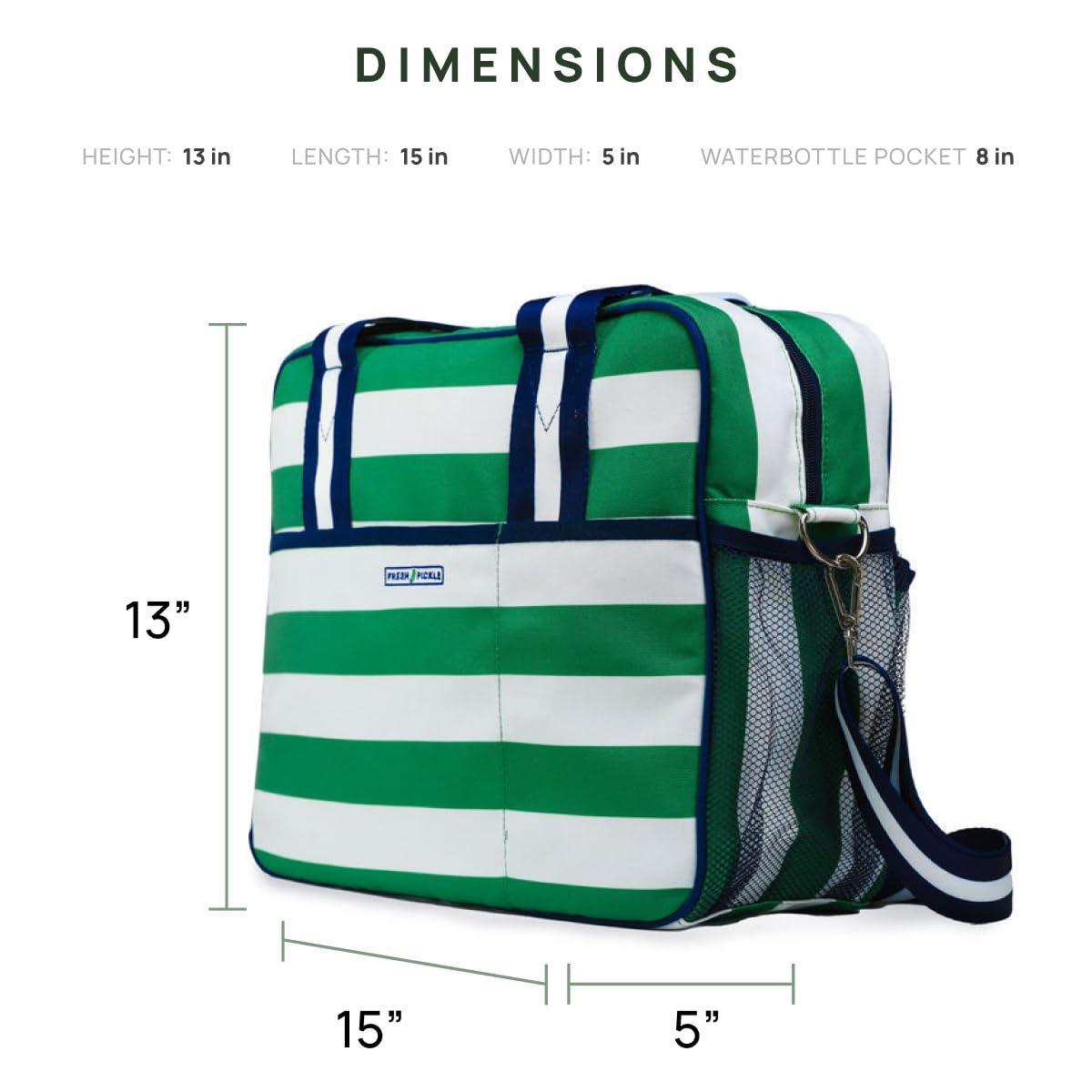 The Fresh Pickle Lola Pickleball Tote Bag features green and white stripes, navy and white straps, a mesh water bottle pocket, and measures 13" tall, 15" long, and 5" wide.