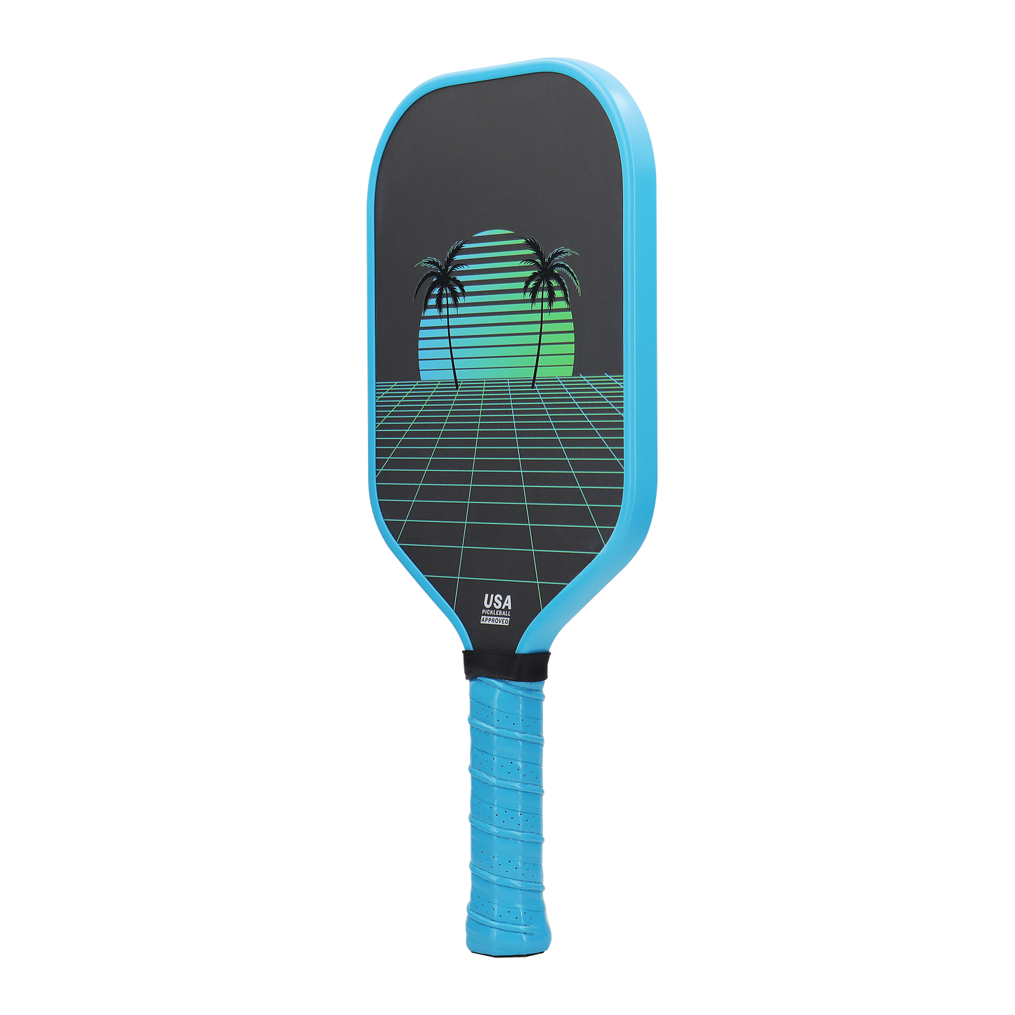 The Oasis Pro Power - TROPIXX Series by KONDOR PICKLEBALL is a raw carbon paddle with blue edge and grip, sporting a retro grid, setting sun, two palm trees in blue, green, and black, plus “USA” printed at the bottom.