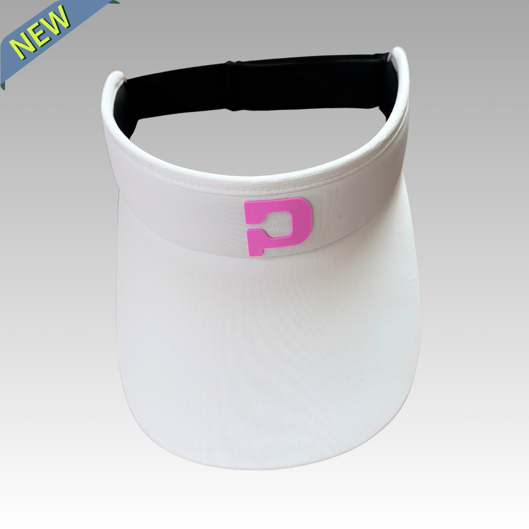 The Playly Pickleball Visor from Playly Store is a white visor with a pink logo and a moisture-wicking sweatband for comfort on and off the court.
