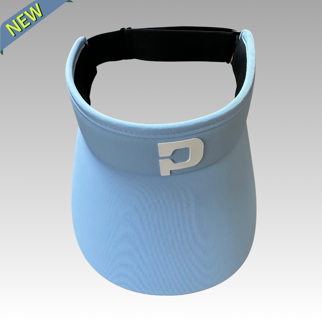 The Playly Pickleball Visor by Playly Store features light blue UV protection, a white front P logo, and a black adjustable band with moisture-wicking sweatband. A yellow "NEW" label sits on a slanted blue ribbon over a gray gradient background.