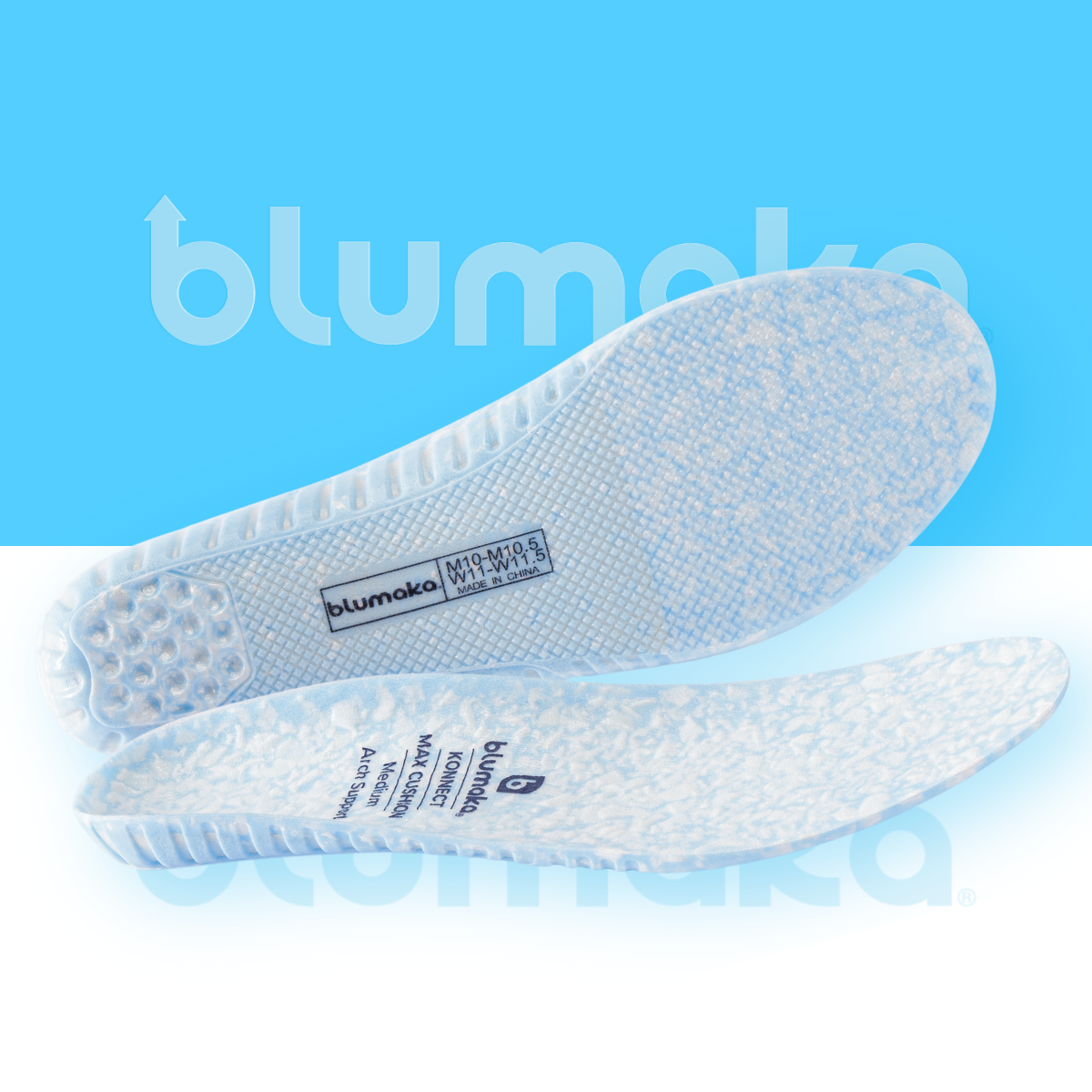 Two light blue Blumaka NonSlip ‘FoamLock’ Performance Insoles with textured surfaces are displayed on a split blue and white background. The top insole shows a sizing label, while the bottom highlights branding and FoamLock energy return technology.