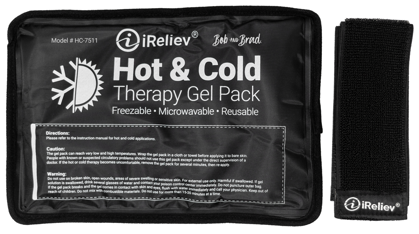The iReliev Premium Reusable Hot and Cold Therapy Gel Pack offers pain relief with versatile heat therapy. It is freezable, microwavable, and features securement straps for easy use. Visible instructions and warnings are included.