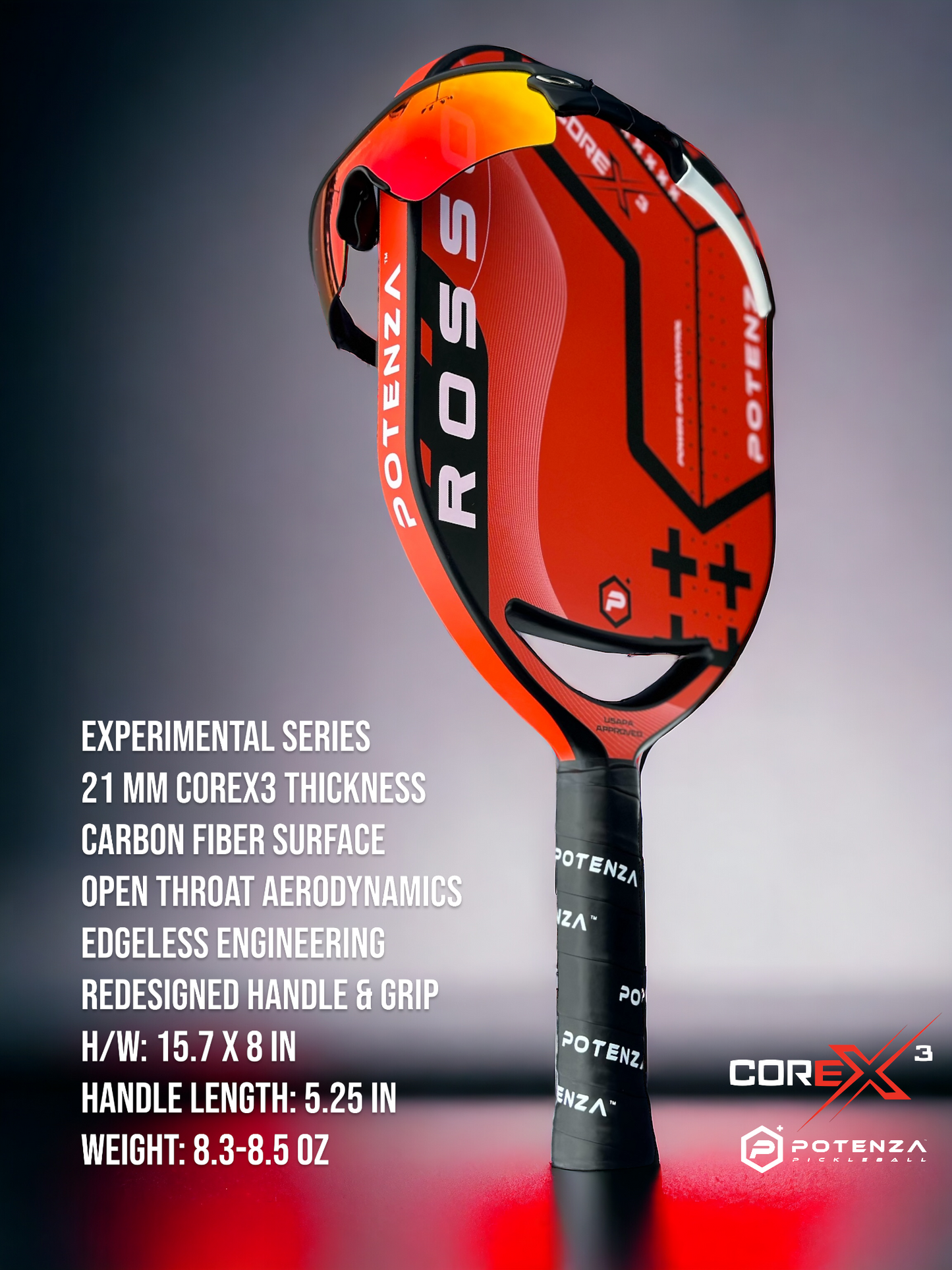 A ROSSO+ COREx3 paddle by Potenza Pickleball is shown upright. Text highlights: 21mm thickness, carbon fiber, open throat, edgeless design, and a redesigned handle. Potenza logos are displayed below.
