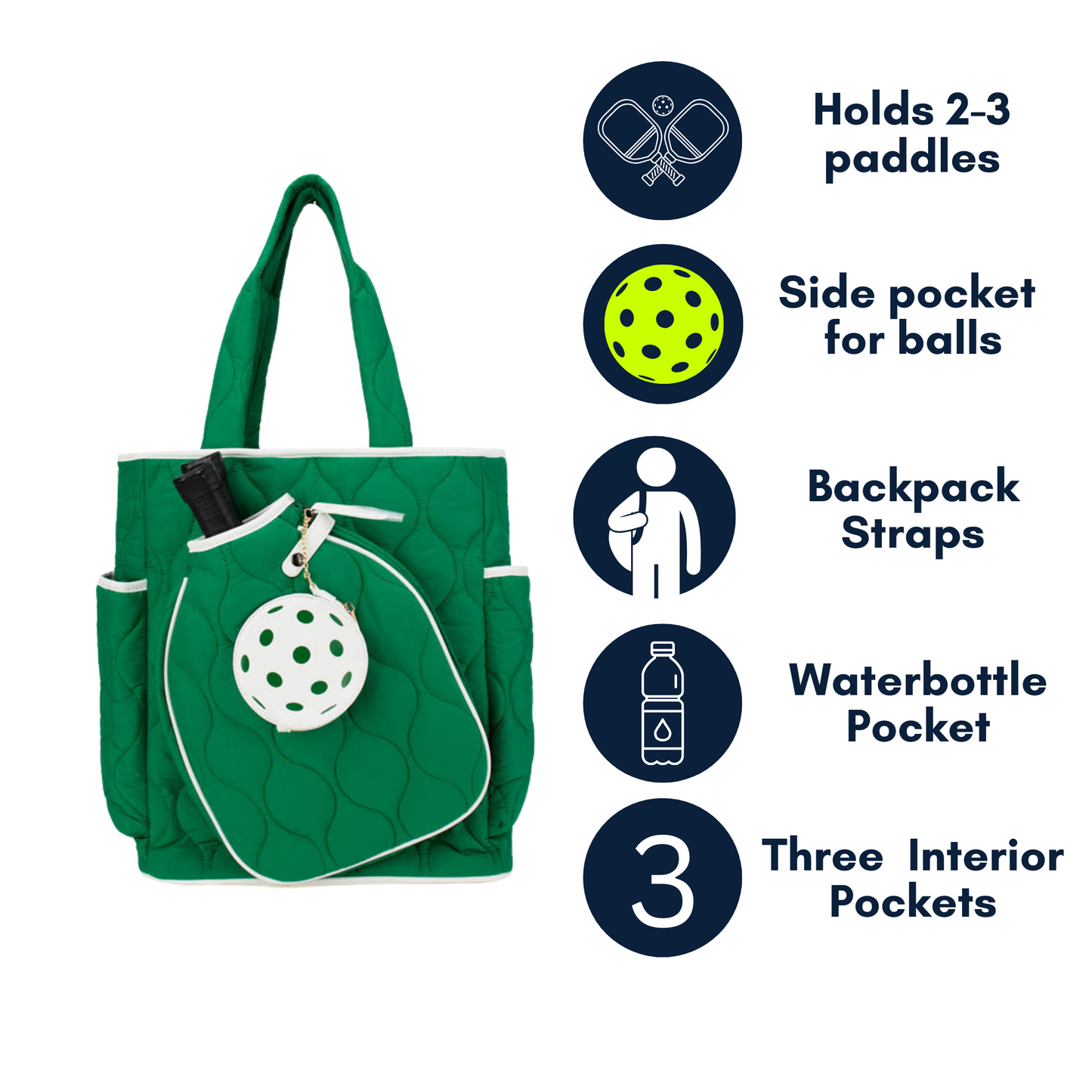 The Queen of the Court Fifth Ave Pickleball Convertible Tote Bag/Backpack features a stylish green design with white accents—ideal for carrying your gear in style.