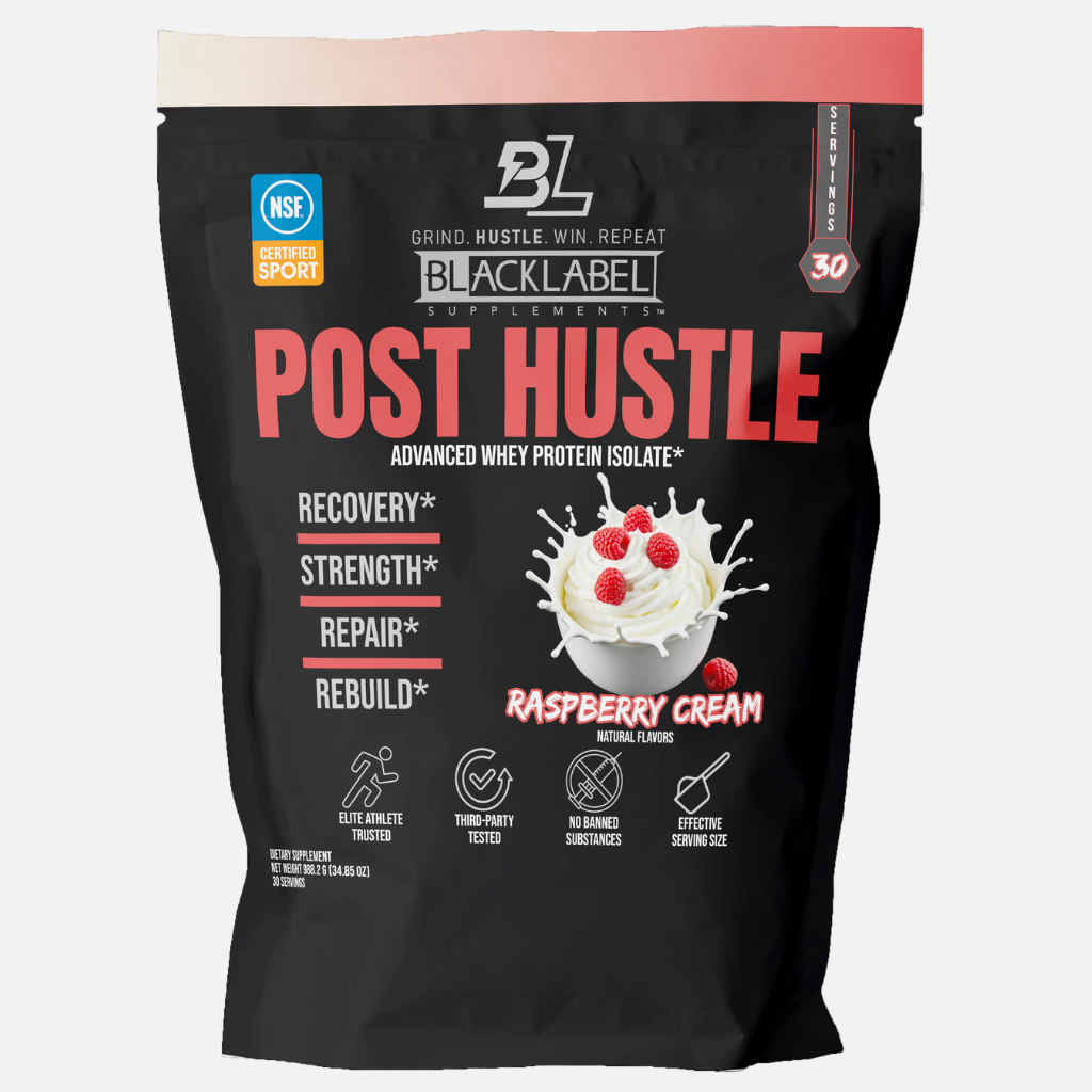 A resealable black pouch of BLACKLABEL Supplements POST HUSTLE whey protein isolate in raspberry cream flavor, featuring creamy protein with raspberries and highlighting post-workout muscle recovery, strength, repair, and key certifications.