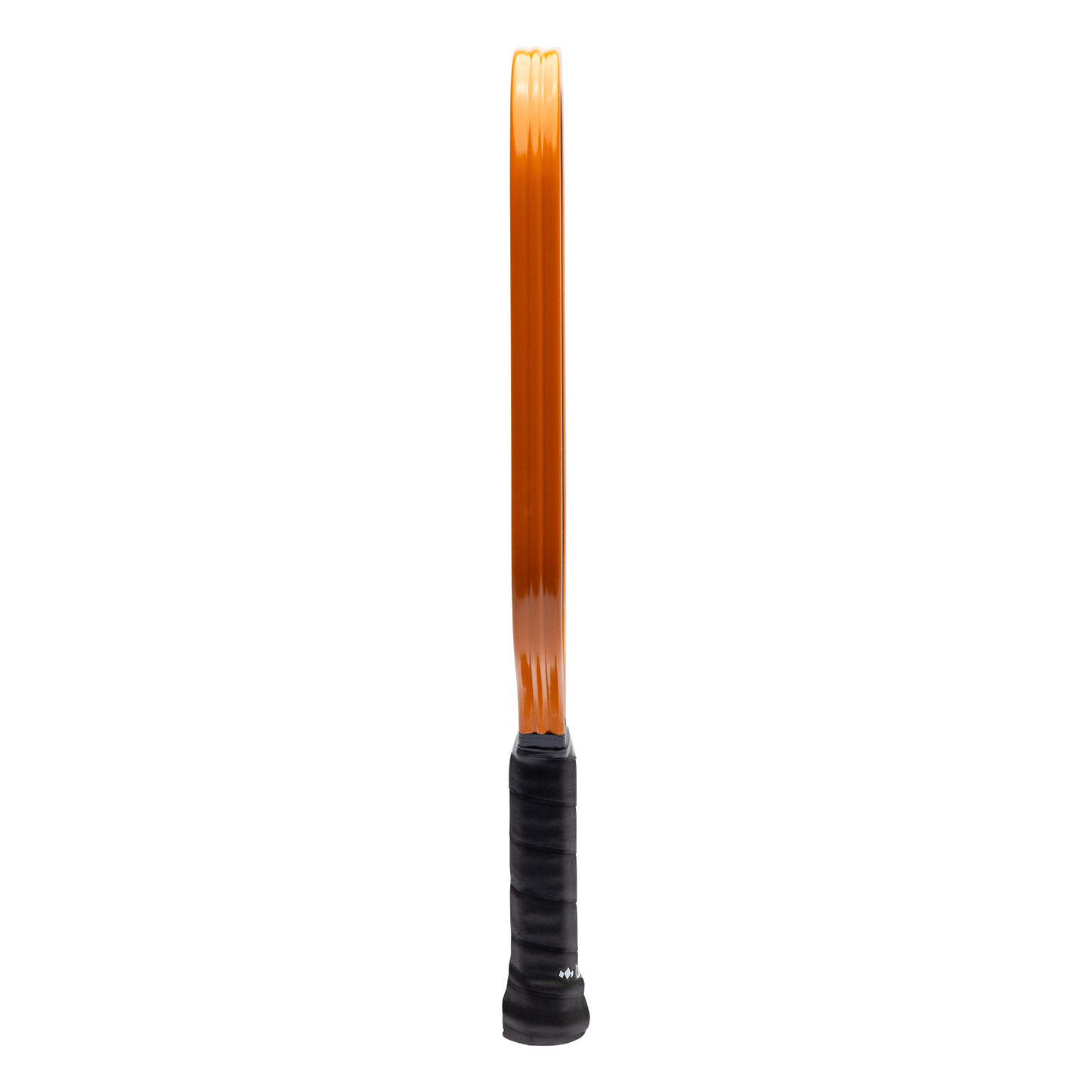 The Diadem Sports Warrior Edge pickleball paddle is shown from the side, featuring orange strings and frame with a black grip. Its slim profile highlights its width and build against a white background. USAPA approved.