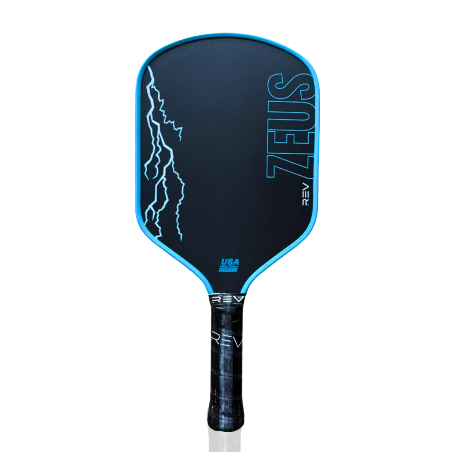 The ZEUS Pickleball Paddle by REV Pickleball showcases a lightning design and T700 Raw Carbon Fiber construction, delivering power, style, and durability in a thermoformed paddle for peak court performance.