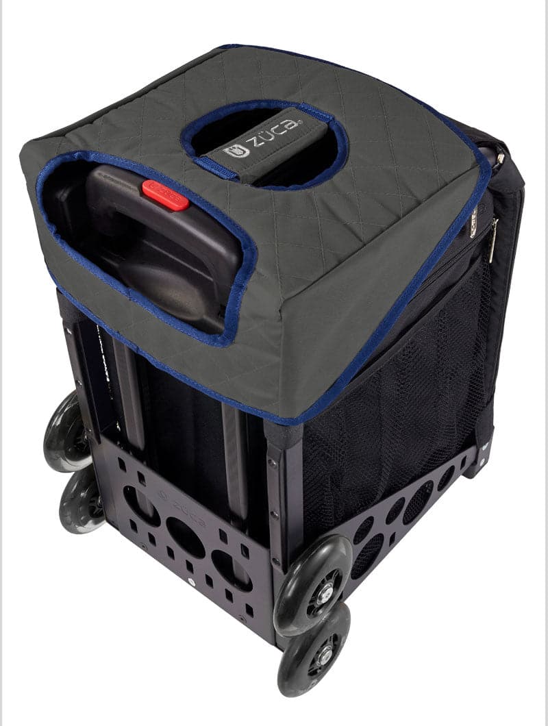 The ZUCA Reversible Seat Cushion pairs with your black and gray ZUCA rolling cart, adding comfort to its sturdy frame, mesh sides, quilted top cover with cutout handle, four wheels, and stylish blue trim.