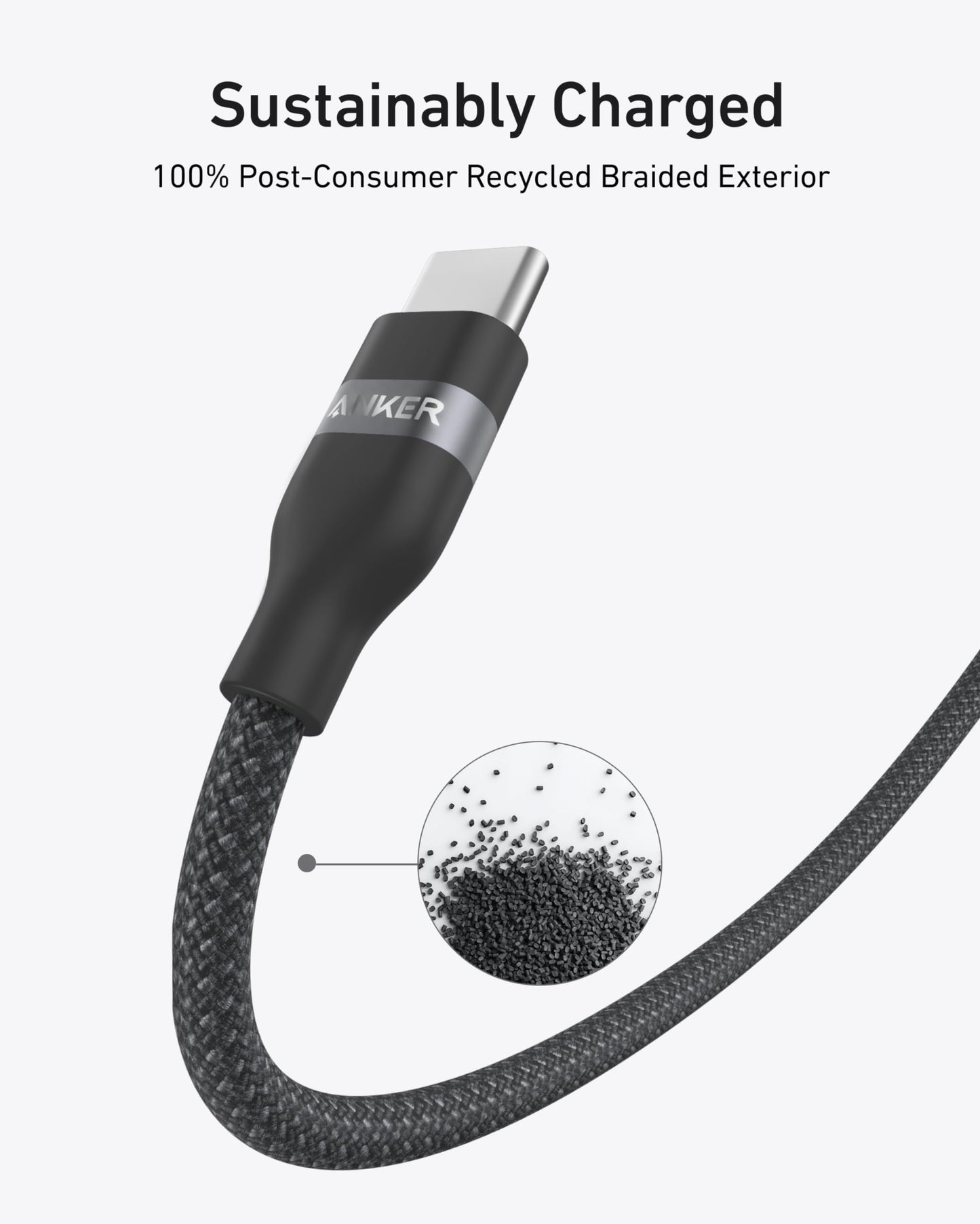 A close-up of the Anker USB-C to USB-C Cable (3 ft/6 ft, 240W Upcycled-Braided), featuring a black braided exterior made from 100% post-consumer recycled material. Inset shows recycled pellets highlighting its eco-friendly design.