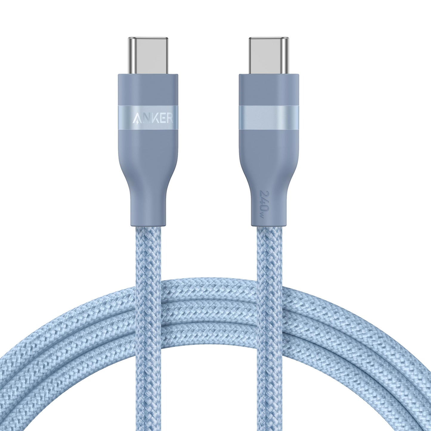 The Anker USB-C to USB-C Cable (3 ft/6 ft, 240W, Upcycled-Braided) is coiled, light blue, and ultra-durable with textured thickness. Silver connectors feature blue accents: one has the Anker logo; the other indicates 240W for fast, reliable charging.