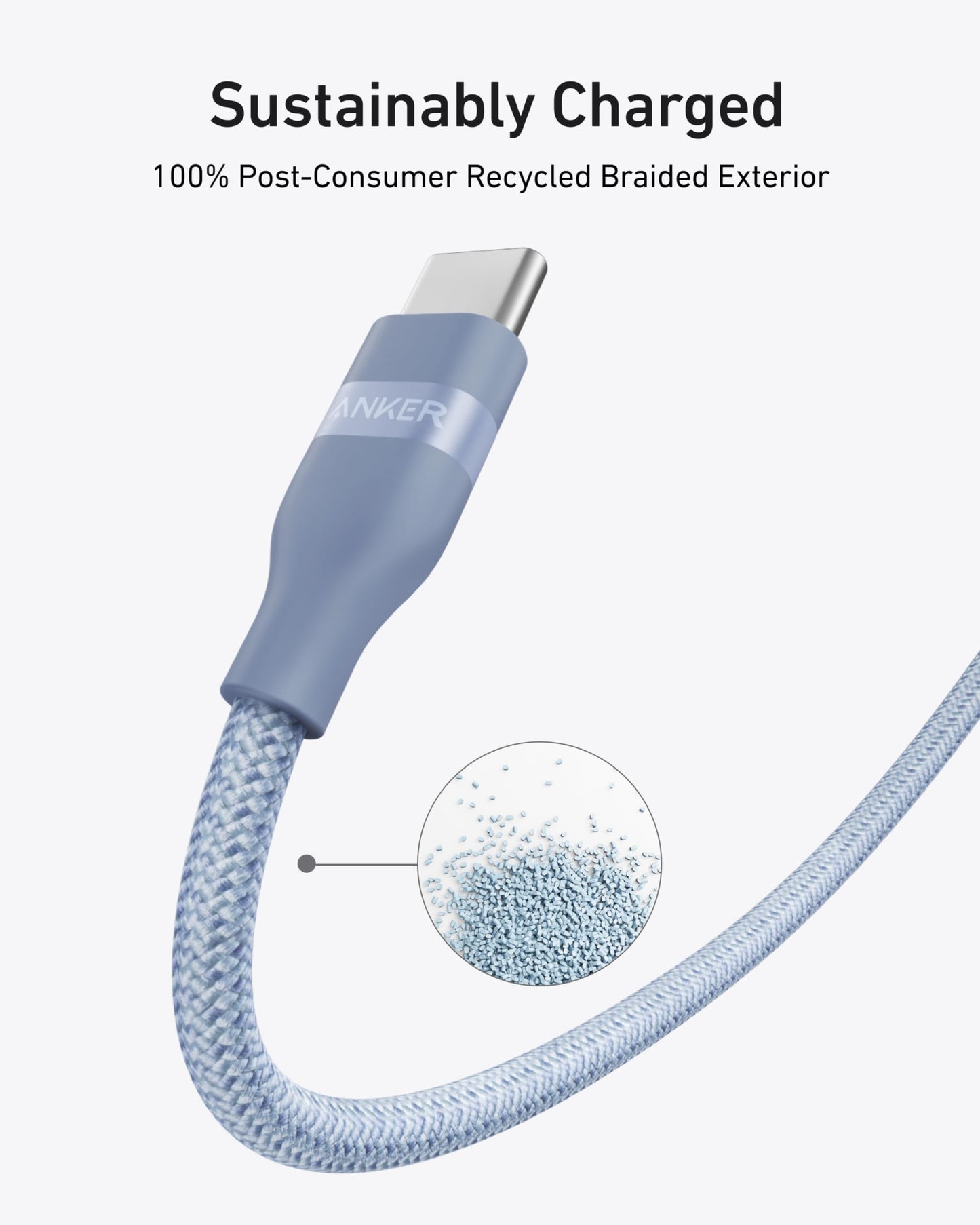 A blue Anker USB-C to USB-C Cable (3 ft / 6 ft, 240W, Upcycled-Braided) curves upward. Text above states “Sustainably Charged” and “100% Post-Consumer Recycled Braided Exterior,” with an inset of blue pellets showing its eco-friendly materials.