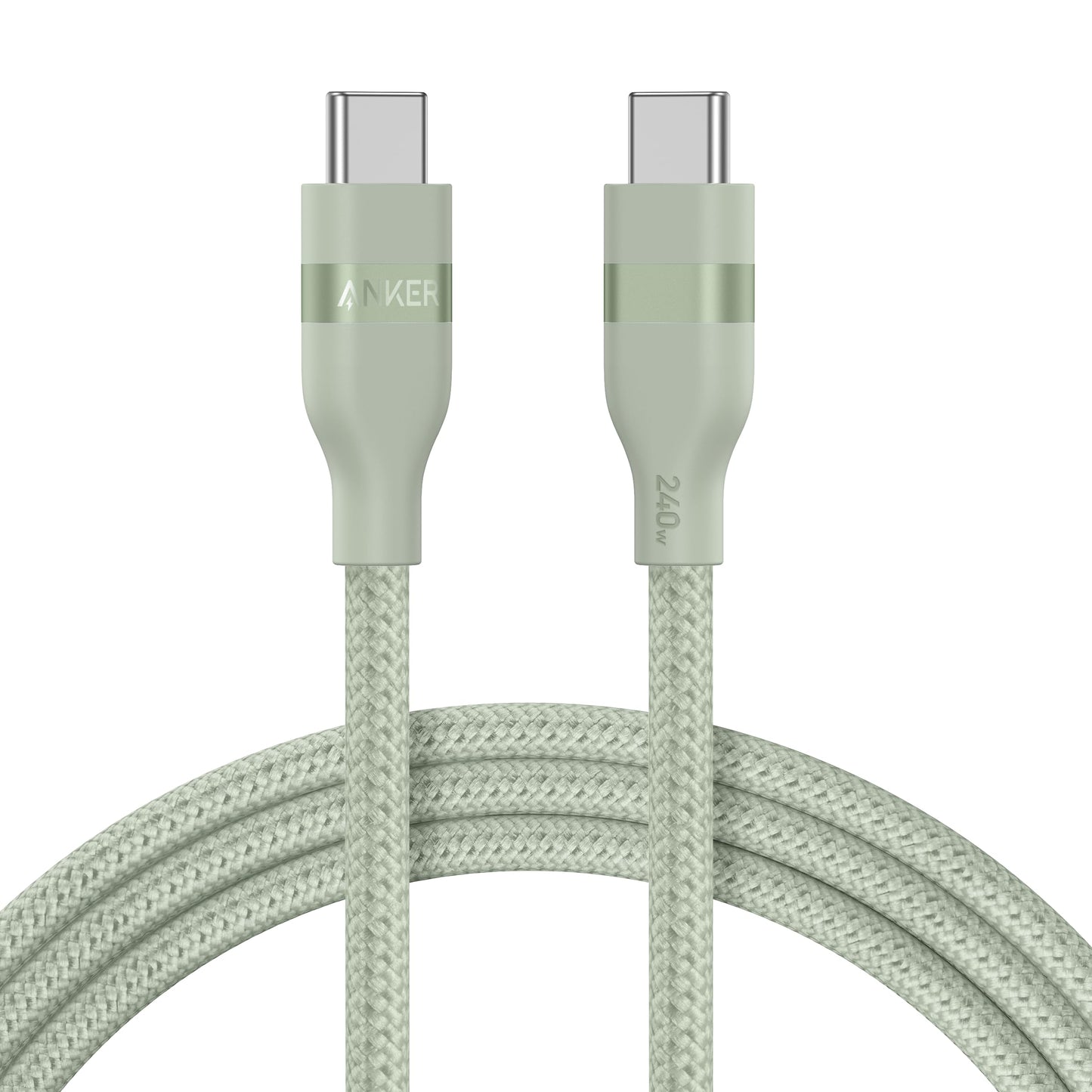 The Anker USB-C to USB-C Cable (3 ft / 6 ft, 240W, Upcycled-Braided) features a pale green ultra-durable design with metallic accents. The left connector shows the Anker logo and the right is labeled "240W.