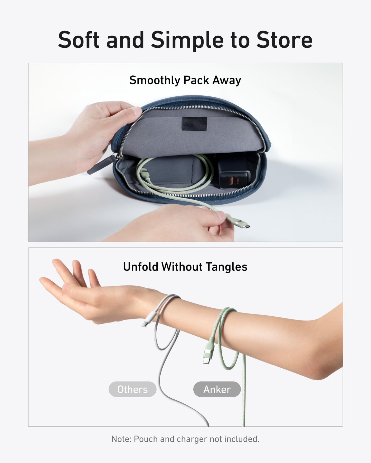 A person puts an Anker USB-C to USB-C Cable (3 ft/6 ft, 240W, Upcycled-Braided) in a pouch. Below, one arm fights tangled cables labeled 'Others,' while the other has a neat Anker cable. Text: Soft and Simple to Store.