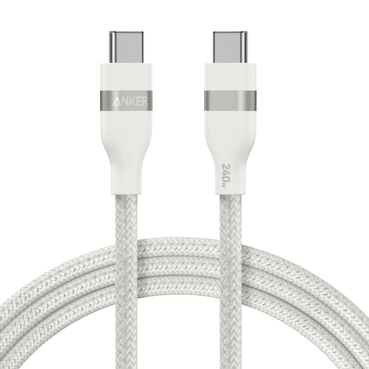 The Anker USB-C to USB-C Cable (3 ft/6 ft, 240W, Upcycled-Braided) features reinforced connectors with metal accents and Anker branding. Its white braid and 240W label support ultra-fast charging and high durability.