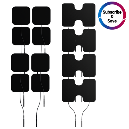 The iReliev Wired Large & Small Refill Kit is shown: on the left are four square black pads with wires, on the right are four butterfly-shaped pads with notches and wires. A “Subscribe & Save” badge appears in the top right corner.