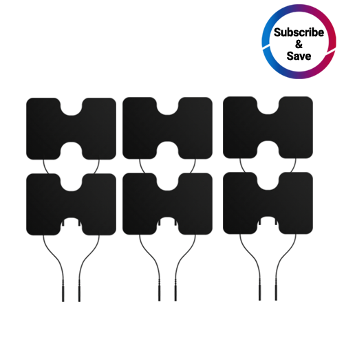 Six black rectangular iReliev Wired Super Pads Refill Kit electrode pads are arranged in two rows of three, each with a center notch and two cords extending downward. A “Subscribe & Save” circular icon appears at the top right on a white background.