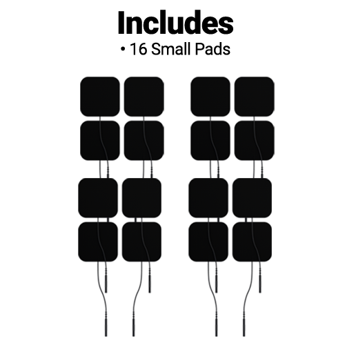 Image displays two columns of eight black square pads with wires, under bold text: Includes • 16 Small Pads. The iReliev Wired Small Pads Refill Kit package contains sixteen small square pads on a white background.