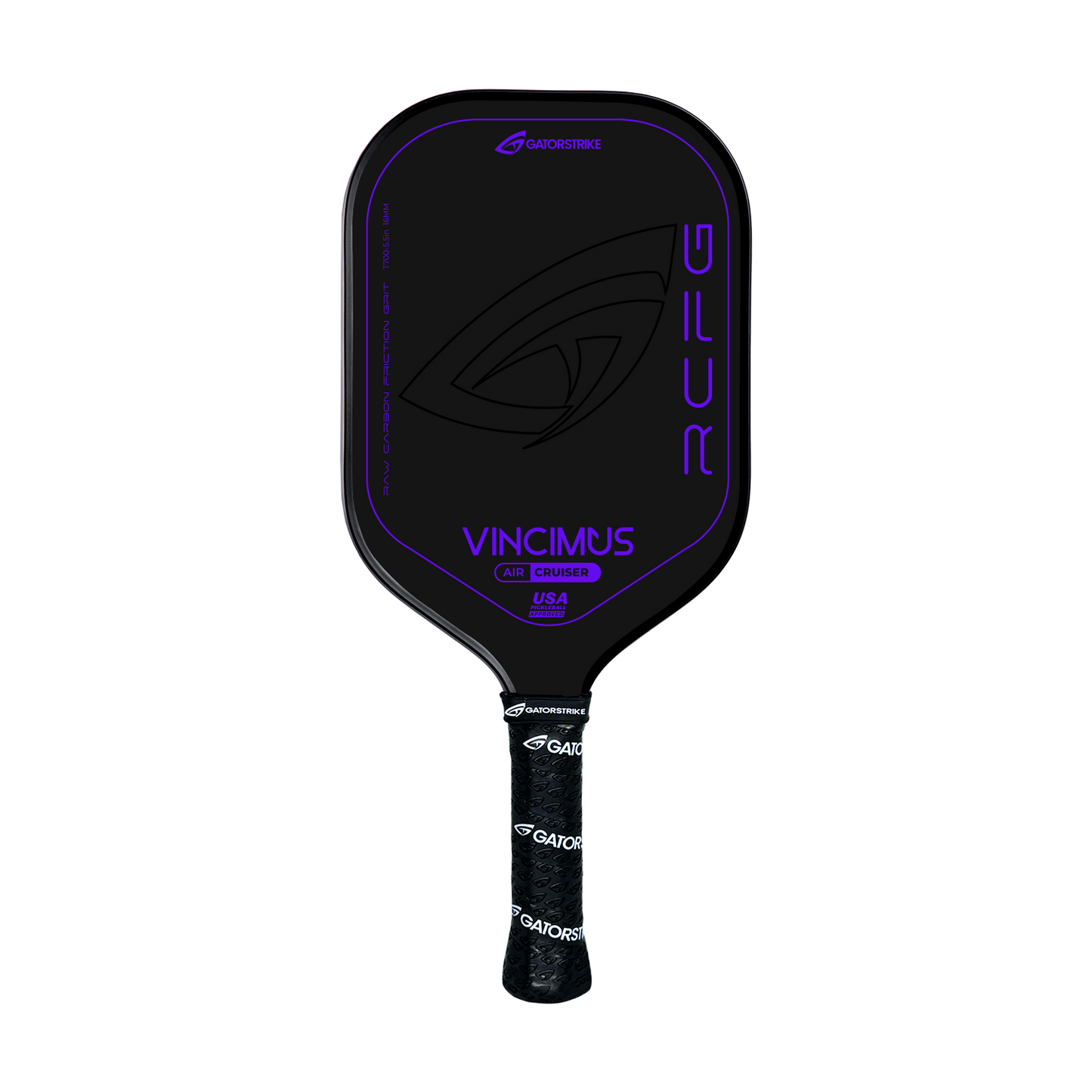 The Vincimus AIR CRUISER T700 by GATORSTRIKE is a black pickleball paddle with purple accents, a lightweight unibody design, “GATORSTRIKE,” “VINCIMUS,” and “USA” centered, plus a handle wrapped in black grip tape with GATORSTRIKE logos.
