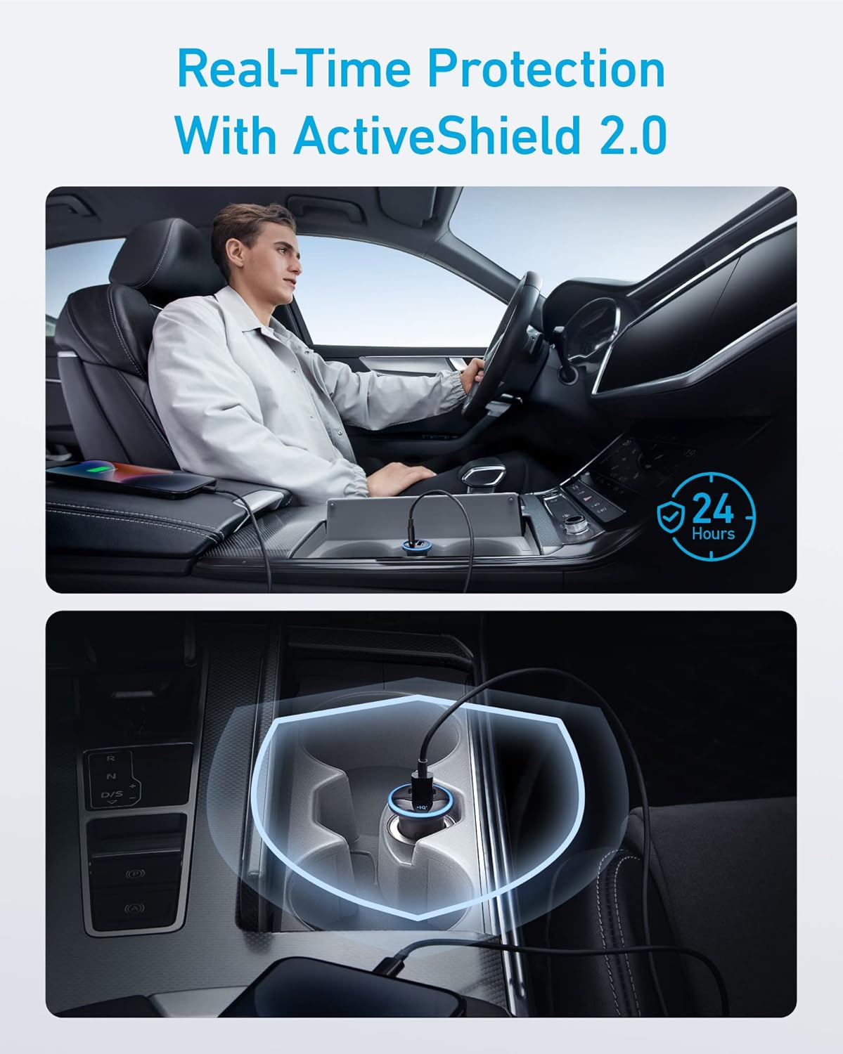A person in a lab coat sits in a car’s driver seat. The center console shows the Anker 323 Car Charger (52.5W) powering a device with a glowing shield icon and the text “Real-Time Protection With ActiveShield 2.0” and “24 Hours.”.