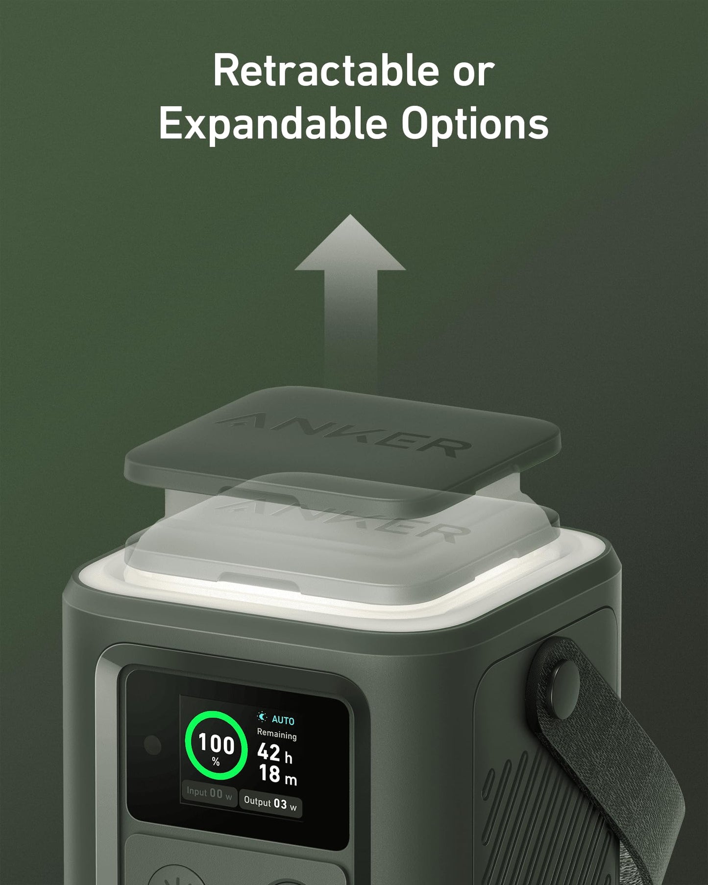 A close-up of the Anker 548 Power Bank (PowerCore Reserve 192Wh) with its retractable lid lifted by a white arrow, display screen showing battery info, side strap visible, and white text on a green background above.