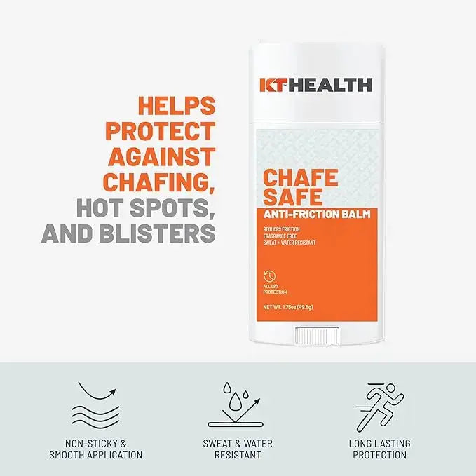 A white and orange KT Tape KT Health Chafe Safe™ Anti-Friction Balm stick is shown. Text says it helps prevent chafing, hot spots, and blisters, with non-sticky, sweat- and water-resistant, long-lasting protection.